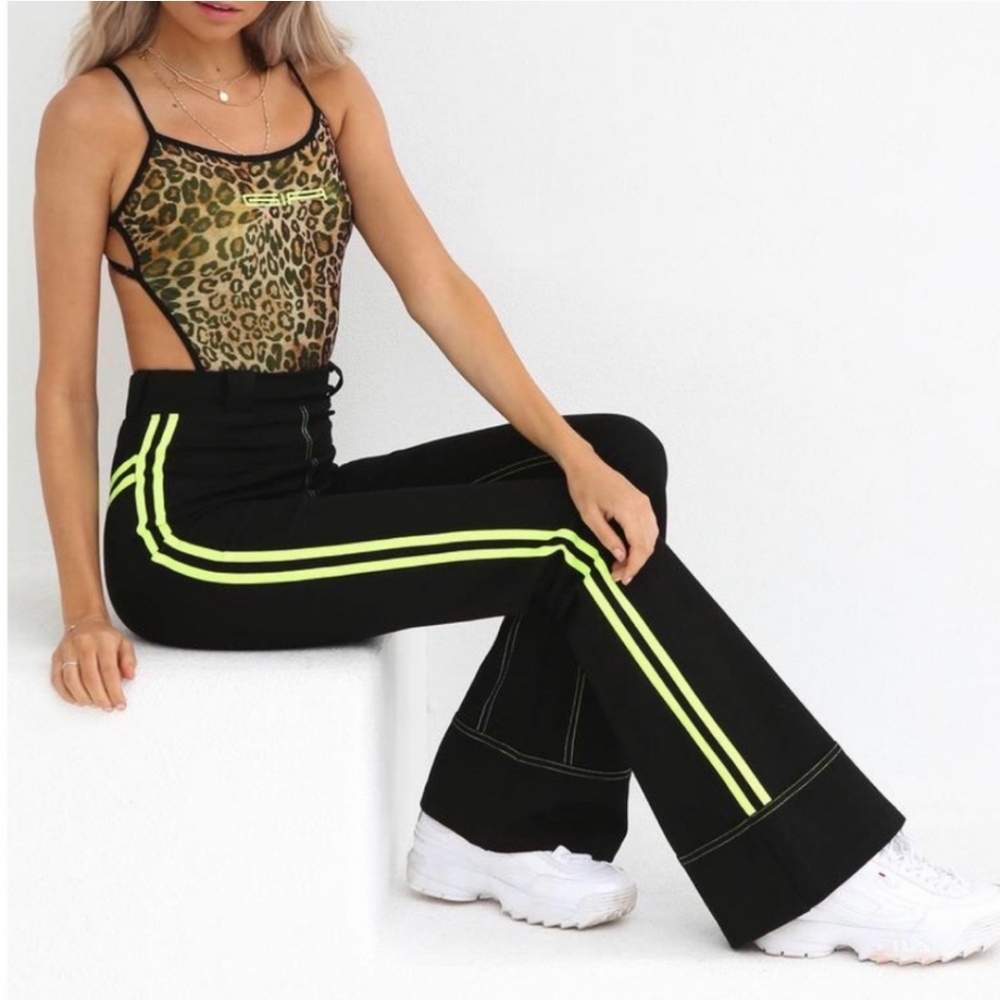 I.AM.GIA Astrid Black Neon Striped‎ Wide Leg Sporty High Waist Pants Size Medium